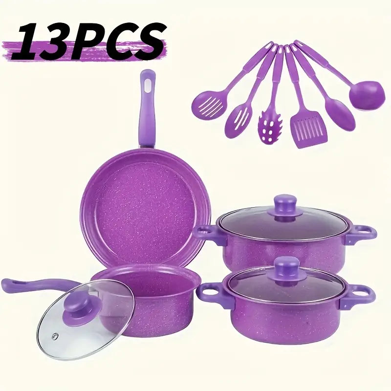 13pcs Heavy-Duty Cast Iron Non-Stick Cookware Set with Glass Lids- Purple