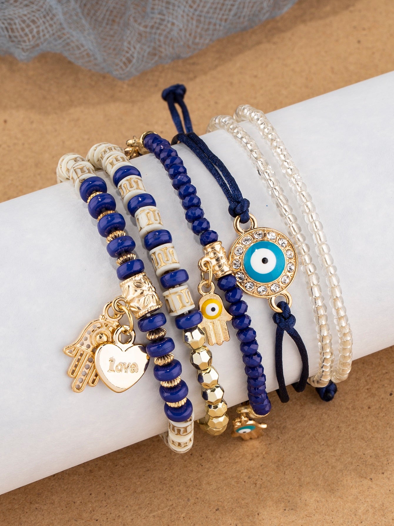 6pcs/set Eye Detail Hamsa Hand & Heart Charm Beaded Bracelet (Code:82)