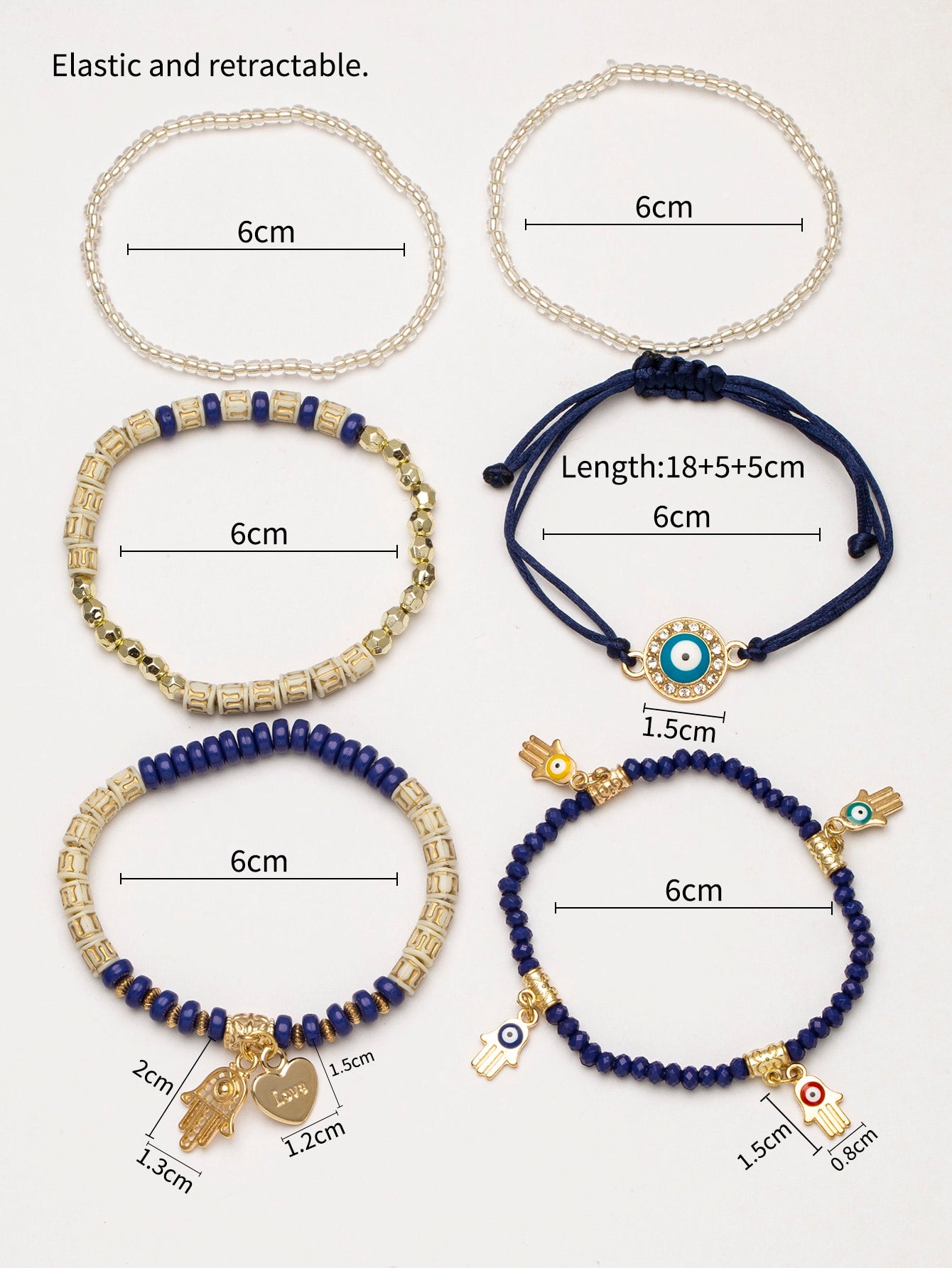 6pcs/set Eye Detail Hamsa Hand & Heart Charm Beaded Bracelet (Code:82)
