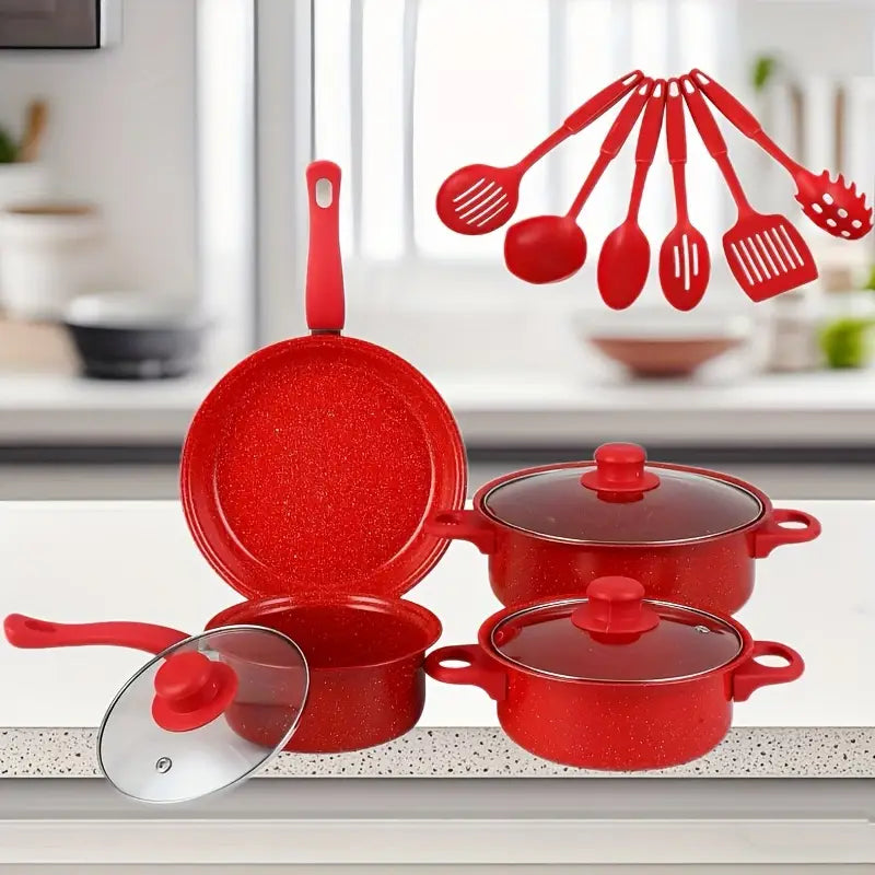 13pcs Heavy-Duty Cast Iron Non-Stick Cookware Set with Glass Lids- RED