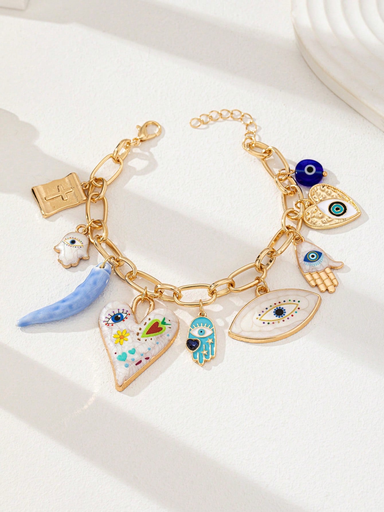 1 Pc Evil Eye Hamasa Hand Glass Beads Cross Charm Bracelet (Code:86)