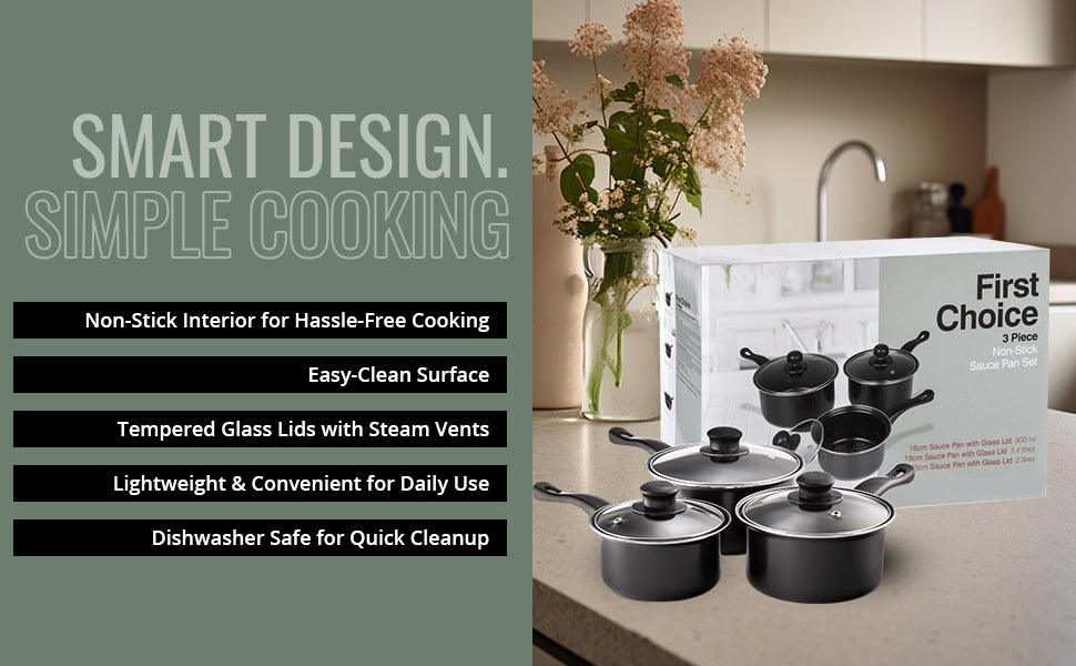 Value plus 3 PCE Sauce pan Set with Glass Lids, 16, 18, 20cm 5015826001204