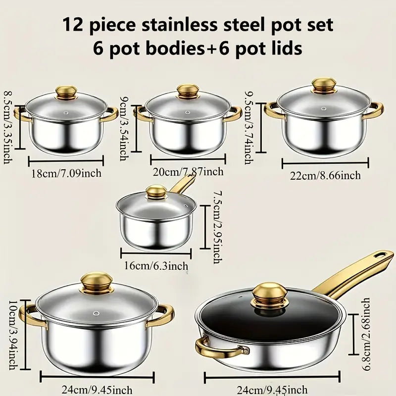 12pcs Golden stainless steel cookware set Non Stick