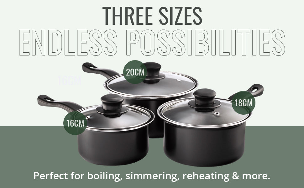 Value plus 3 PCE Sauce pan Set with Glass Lids, 16, 18, 20cm 5015826001204
