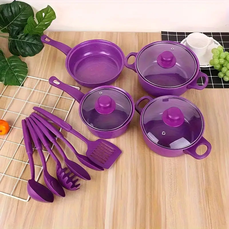 13pcs Heavy-Duty Cast Iron Non-Stick Cookware Set with Glass Lids- Purple