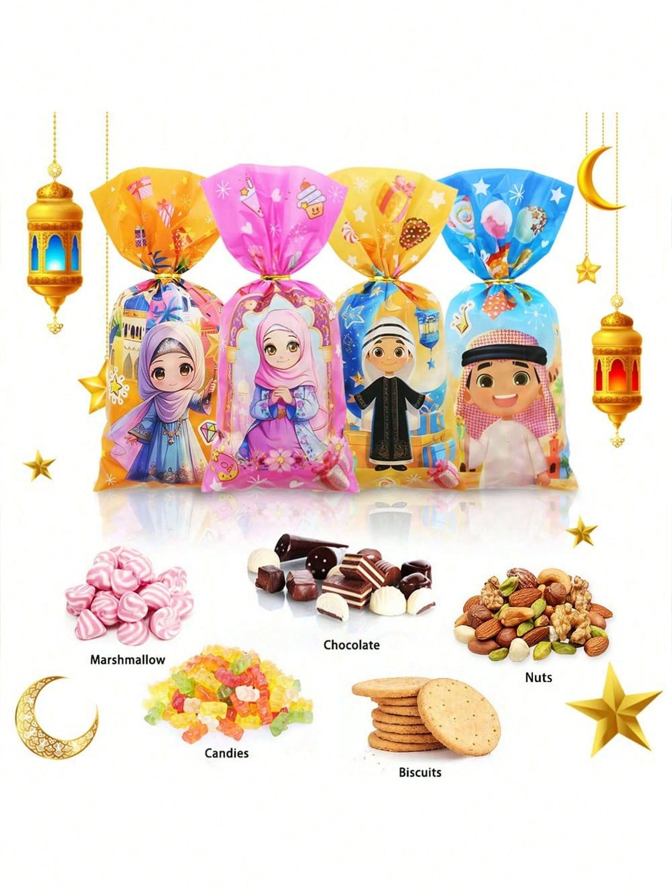 50pcs Random Pattern Mixed-Eid Mubarak Colorful Gift Bags (Code:34)