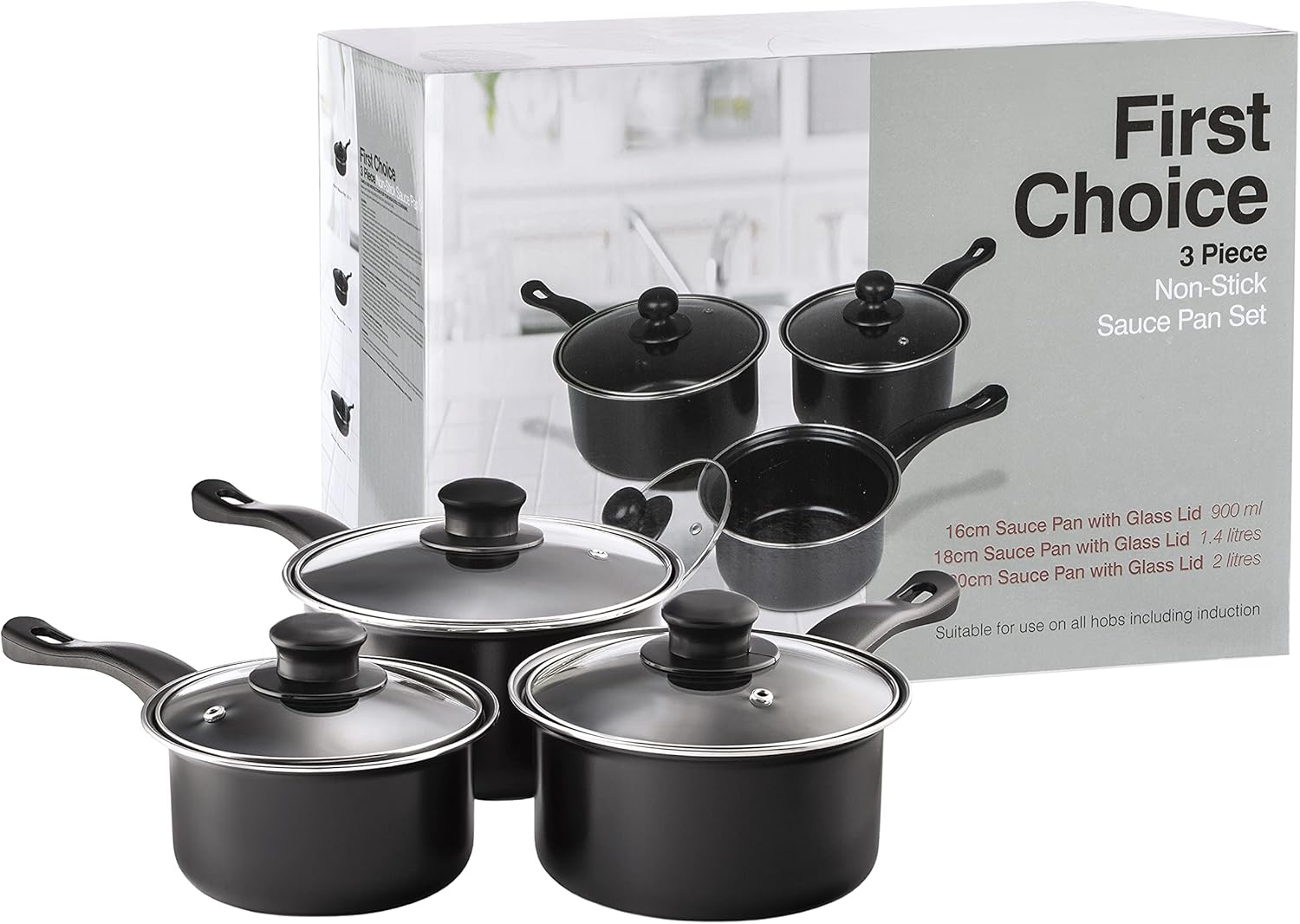 Value plus 3 PCE Sauce pan Set with Glass Lids, 16, 18, 20cm 5015826001204