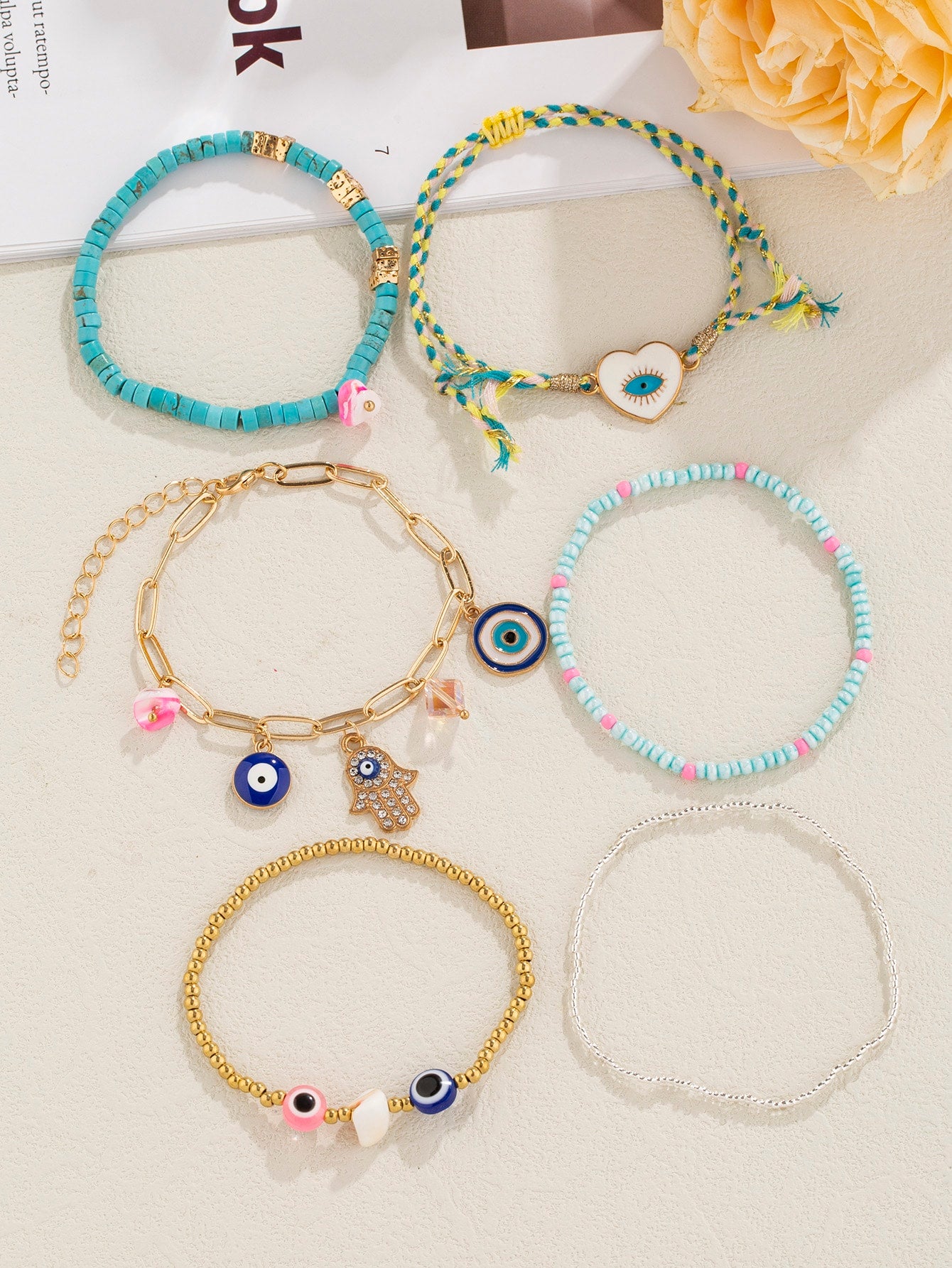 6pcs Turquoise Green Glass Beads Alloy Evil Eye Pendant Bracelet (Code:77)