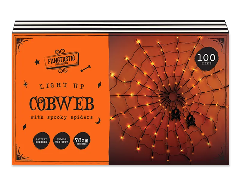 Spooky Light Up Cobweb with Spiders 78cm -100 orange LED lights (5056283883002)