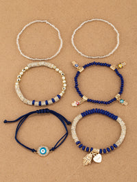 6pcs/set Eye Detail Hamsa Hand & Heart Charm Beaded Bracelet (Code:82)