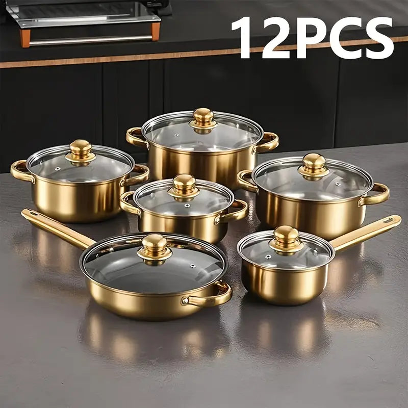 12pcs Golden stainless steel cookware set Non Stick