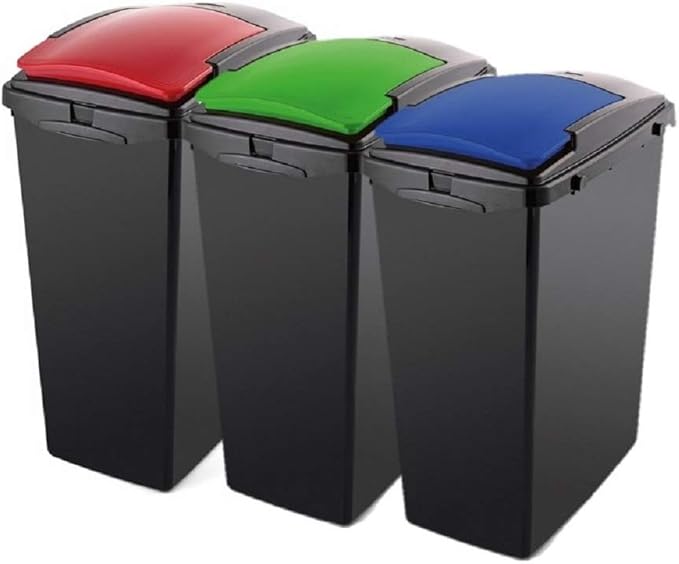 ADDIS Set of 3 Recycling 40ltr Waste Utility Bins with Colour Coded Lids, Blue, Red & Green