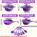 13pcs Heavy-Duty Cast Iron Non-Stick Cookware Set with Glass Lids- Purple