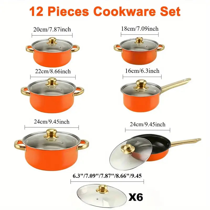 12pcs Stainless Steel Cookware Set Non Stick -Orange