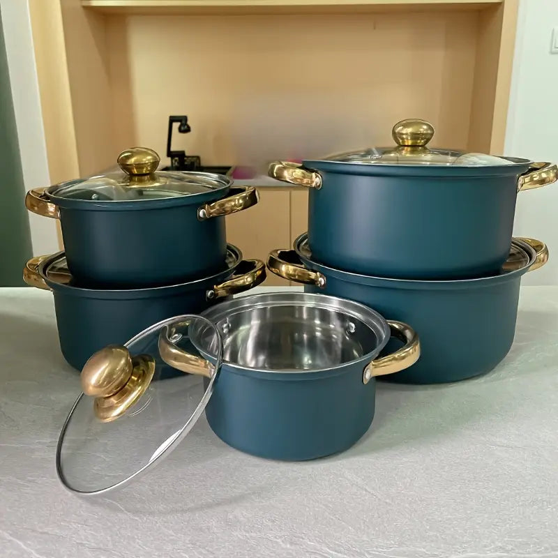 10pcs Colorful Stainless Steel Non Stick Golden Double Handle Cookware Set - Blue