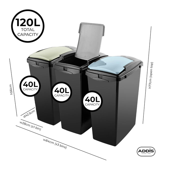 ADDIS Set of 3 Recycling 40ltr Waste Utility Bins with Colour Coded Lids, Blue, Red & Green