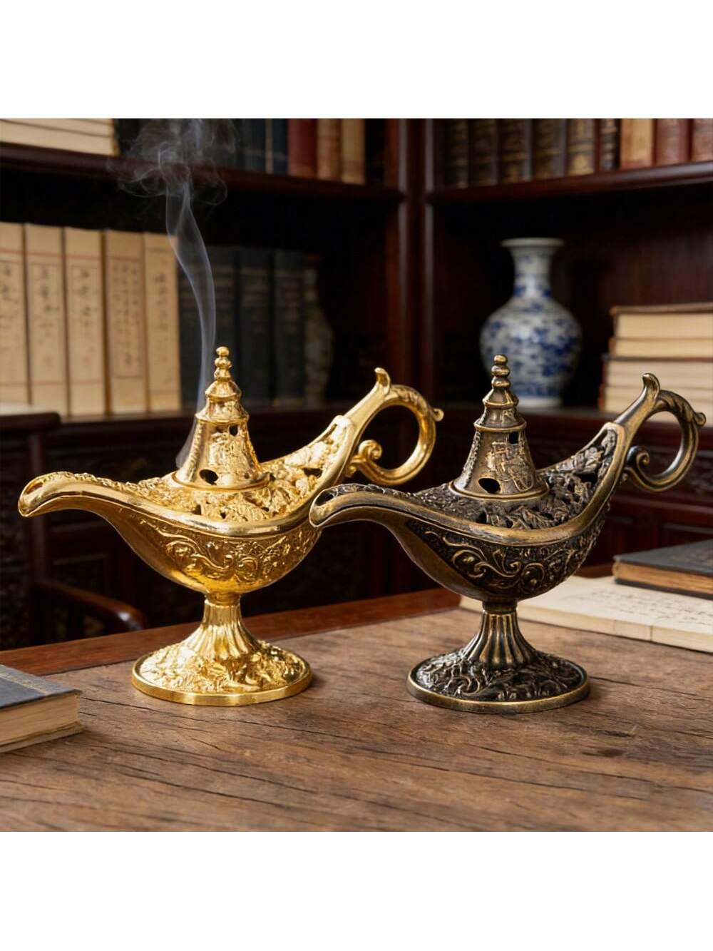 1pc Gold Vintage Genie Lamp Shaped Incense Burner With Exquisite Embossed Pattern (Code:49)