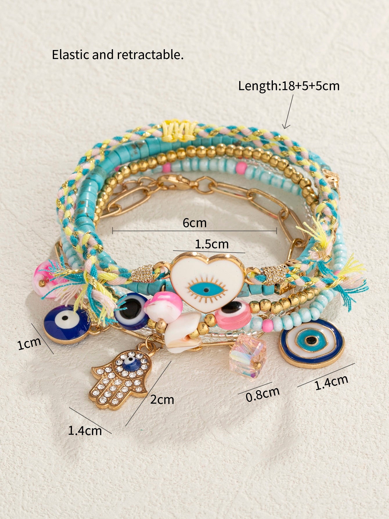 6pcs Turquoise Green Glass Beads Alloy Evil Eye Pendant Bracelet (Code:77)