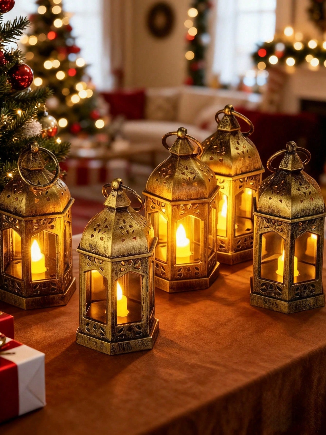 4pcs Vintage Brown Mini Lanterns With LED Lights (Code:37)