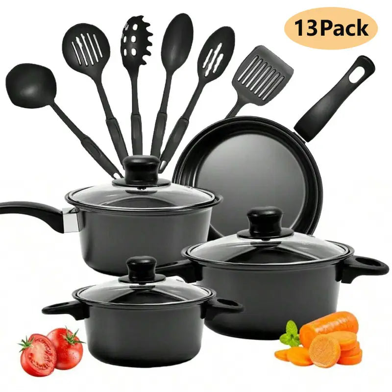 13-Piece Non-Stick Cookware Set with Glass Lids - Black