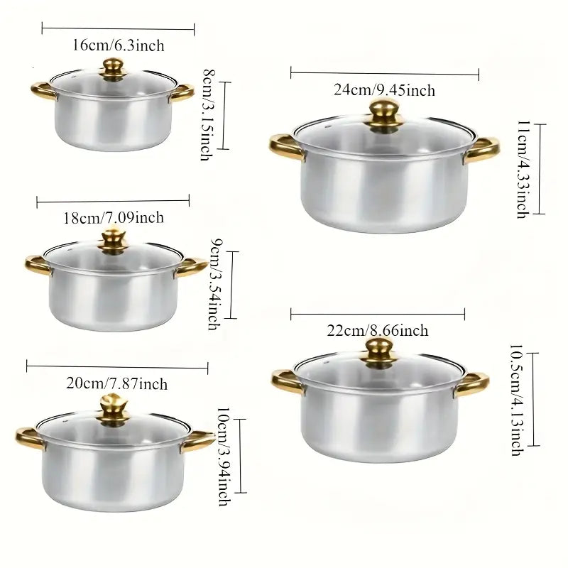10pcs Colorful Stainless Steel Non Stick Golden Double Handle Cookware Set - Blue